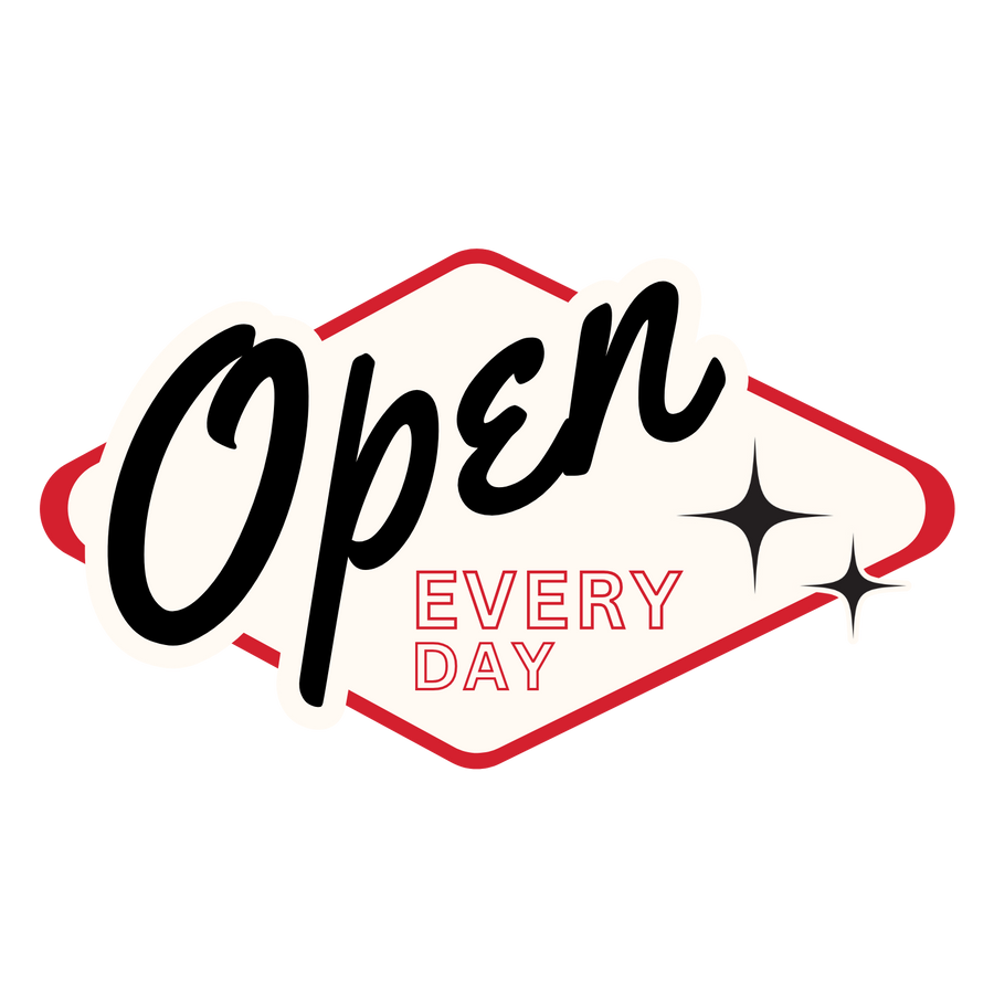 Vintage "Open Every Day" font on cream and red diamond icon.