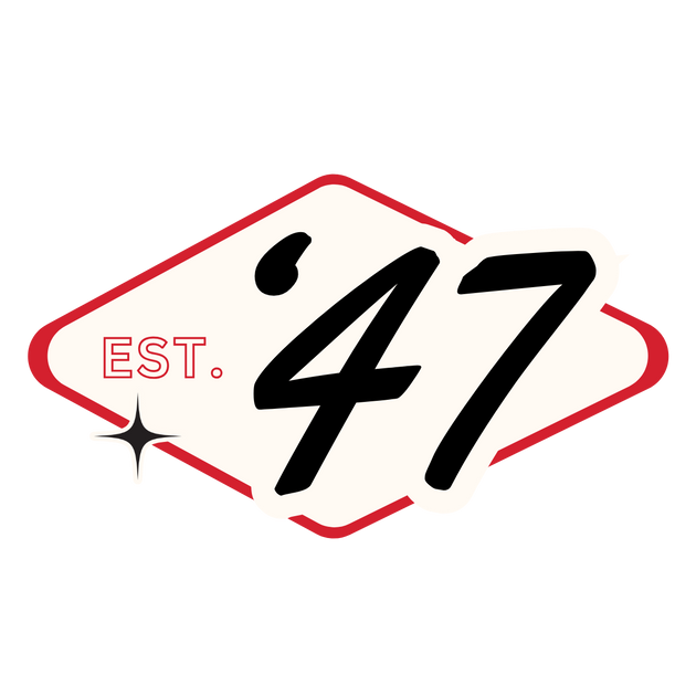 Vintage "est. '47" font on a tan and red diamond icon