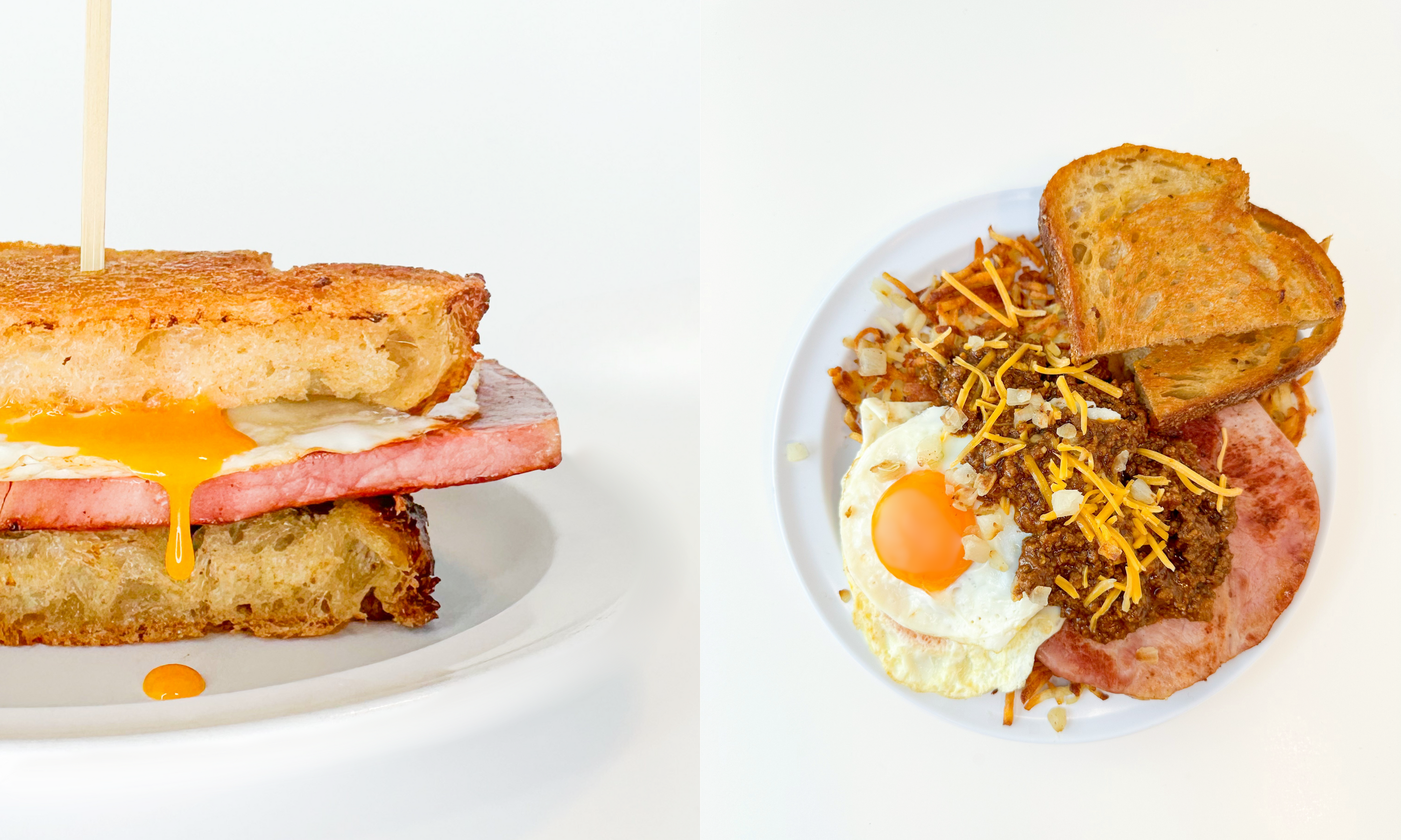 ham and egg sandwich against a white background next to a breakfast platter with eggs, ham, toast, chili and cheese