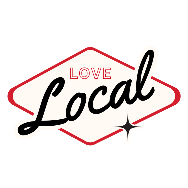 vintage diamond icon design that says love local in handwritten font with a black sparkle