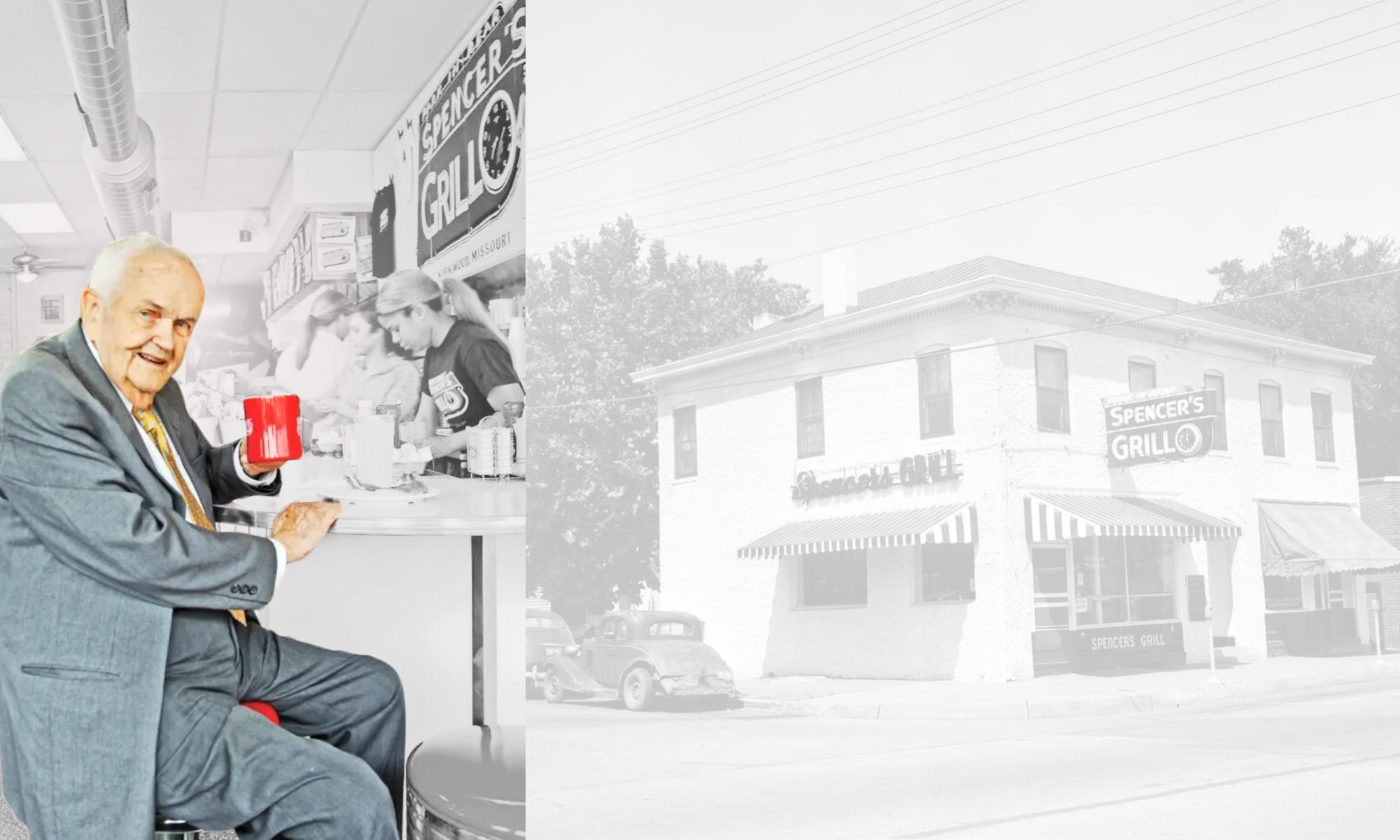 man sitting at a diner counter with a red cup of coffee and a vintage throwback photo of spencers grill back when it opened on 1947